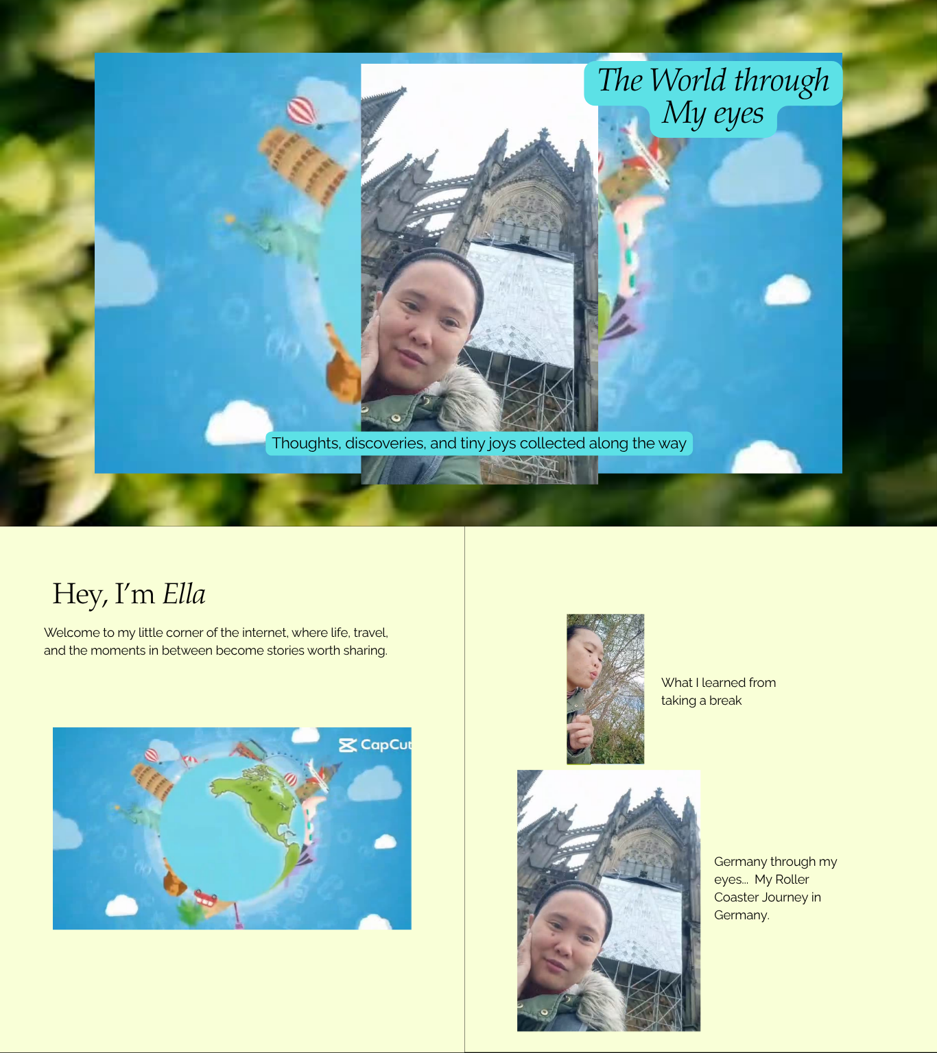 The World through My Eyes — blog banner with Ella and travel photos.