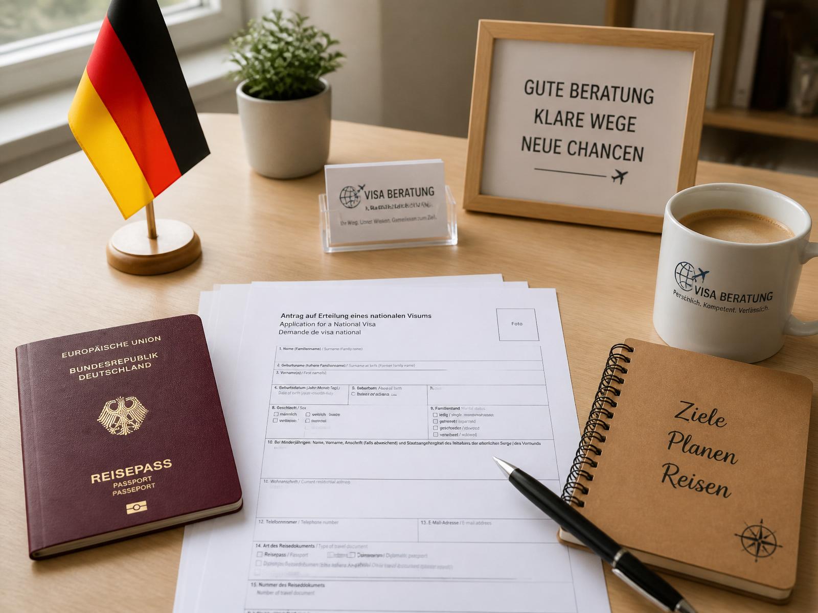 A tidy consultation desk with German visa documents, a passport, a small flag, and a notebook ready for a client call.