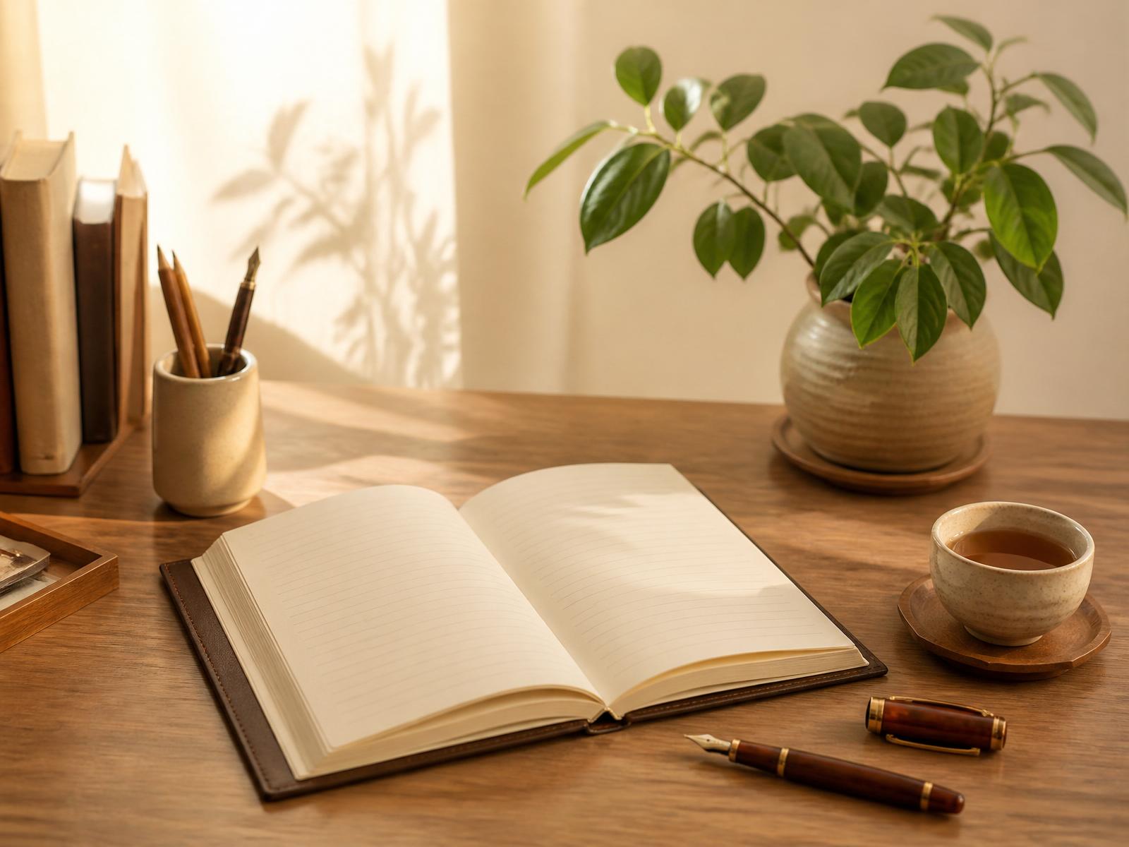 A warm wooden desk with an open notebook, fountain pen, and tea — a quiet place for learning English online.