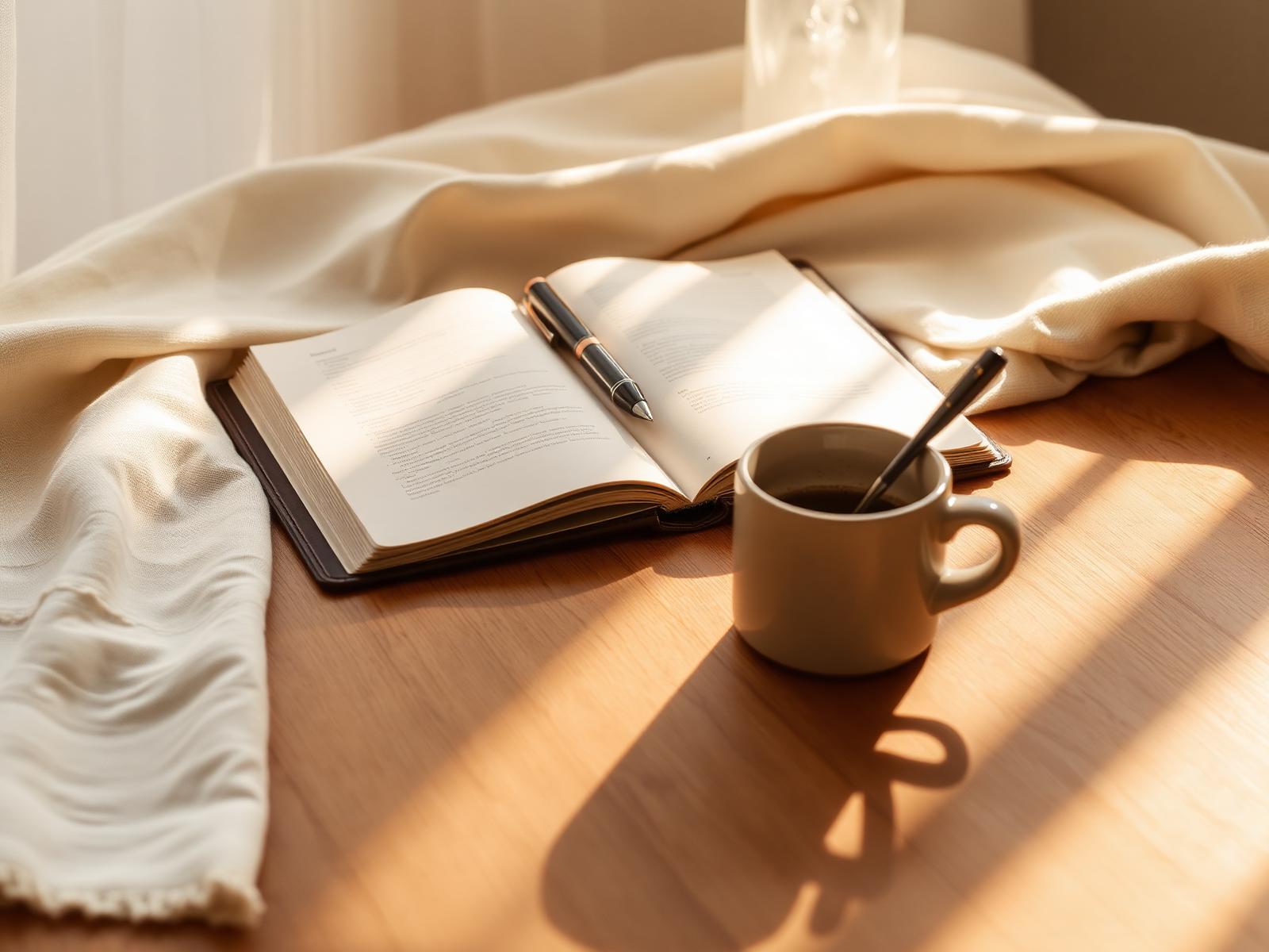 A sunlit desk with an open notebook, fountain pen, and coffee — the morning ritual of the studio.