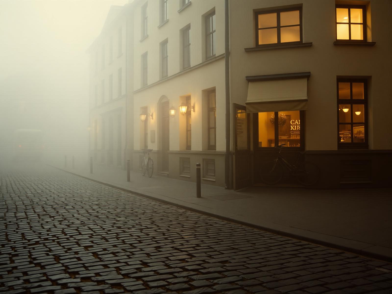 A foggy German morning street, light from a corner café — the world of the podcast.