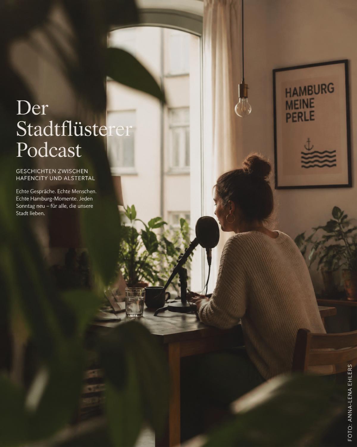 Cozy podcast recording corner with soft window light and plants.